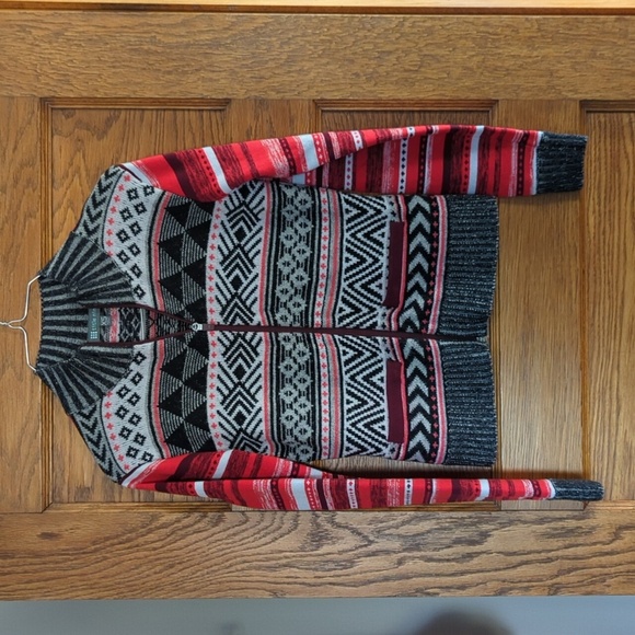 Title Nine Yarnspinner Knit Wool Blend Washable Sweater Full Zip XS Red Gray - Picture 2 of 8